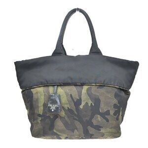 PRADA Logo Reversible Tessuto Hand Bag Nylon Leather Camouflage Black 35EF400